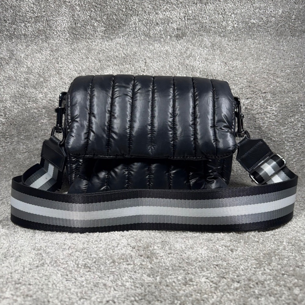 Think Royln Crossbody Bag Black Silver Quilted Puffer Striped Shoulder Strap